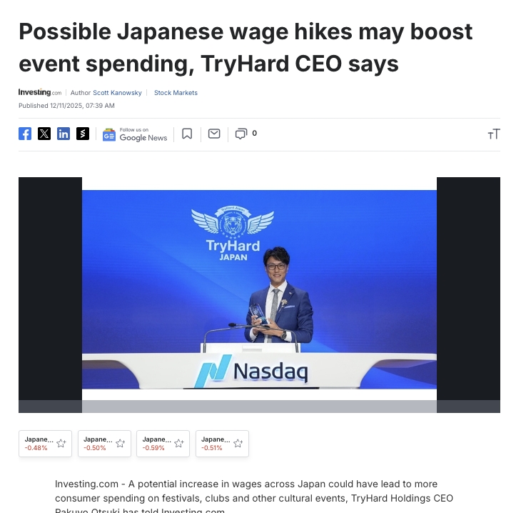 金融・経済メディア Investing.com <br>TryHard Holdings Limited CEO大付楽洋インタビュー掲載のお知らせ